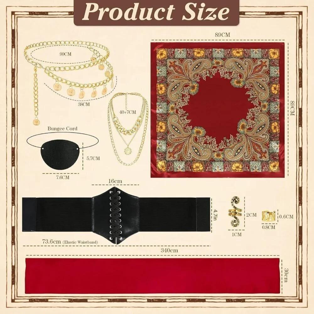Pirate Costume Accessories Set Women 8 Pcs Headscarf Chain Sash Necklace Belt